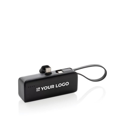 Powerbank portátil de plástico reciclado con cable tipo asa 3.000 mAh