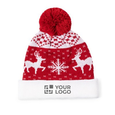 Gorro de poliéster con original diseño navideño y pom pom rojo Gorro de poliéster con original diseño navideño y pom pom rojo