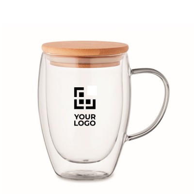 Taza de vidrio de doble pared con asa de vidrio y tapa de bambú 300ml Taza de vidrio de doble pared con asa de vidrio y tapa de bambú 300ml