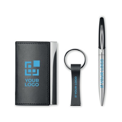 Set de tarjetero metálico, llavero y bolígrafo tinta azul Business Set de tarjetero metálico, llavero y bolígrafo tinta azul Business
