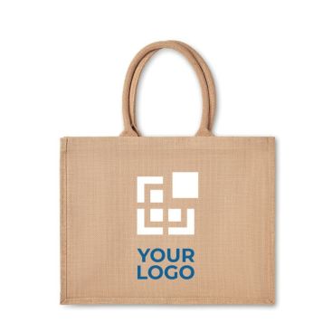 Bolsa de yute personalizada con interior laminado y asas cortas de color beige