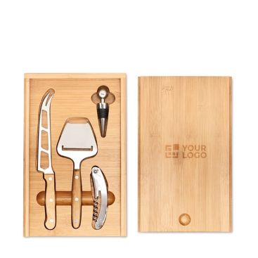 Set publicitario para queso y vino en estuche de bambú