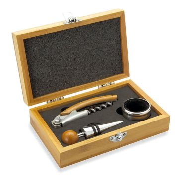 Elegante set de vino corporativo con 3 accesorios en caja