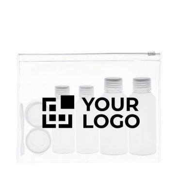 Completo neceser serigrafiado para clientes con 6 envases vacíos Completo neceser serigrafiado para clientes con 6 envases vacíos