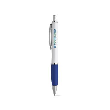 Bolígrafo de plástico con cuerpo blanco, puntero antideslizante, clip de metal y tinta azul