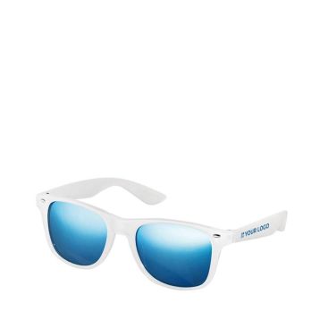 Gafas de sol con lentes de espejo en color y montura blanca para promociones en la playa