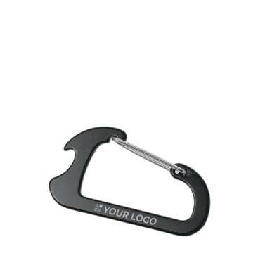 Llavero mosquetón con abridor personalizado de aluminio de color negro, azul o rojo