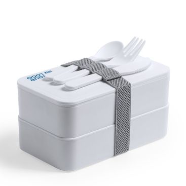 Fiambrera personalizada antibacteriana con dos compartimentos 1400ml de color blanco con cubiertos
