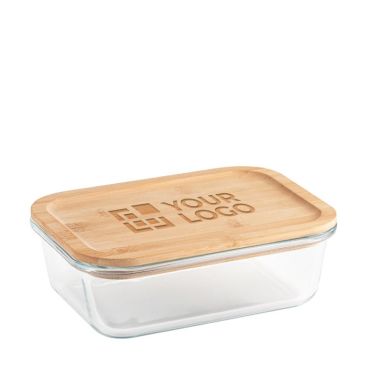 Fiambrera hermética de vidrio publicitaria con tapa de bambú apta para microondas y lavavajillas 1L