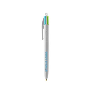 Bolígrafo de plástico moderno BIC cuatro tintas de color azul, verde, púrpura y rosa