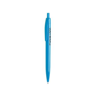 Bolígrafo de plástico en color con acabado brillante, pulsador y tinta azul
