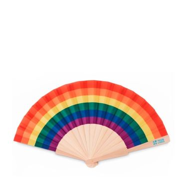 Abanico de madera con tela de poliéster de color arco iris