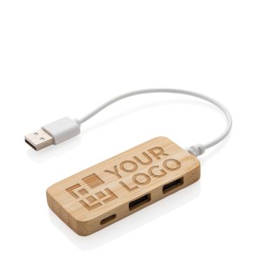 Hub USB 2.0 con puerto tipo C de bambú y cable con el logotipo Hub USB 2.0 con puerto tipo C de bambú y cable con el logotipo