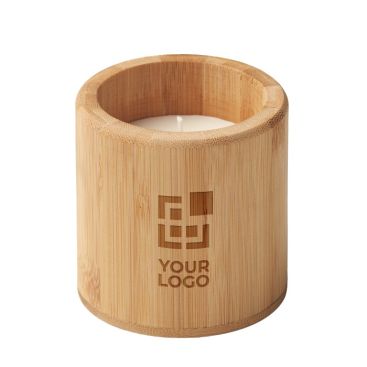 Vela de cera vegetal con aroma vainilla duración 30 horas color madera con logo