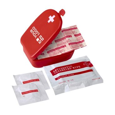 Botiquín personalizado de plástico con tiritas y toallitas de color rojo ideal para merchandising