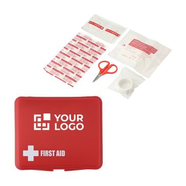 Botiquín en caja de plástico en color rojo con tiritas, toallitas, vendejaes y mucho más para publicidad