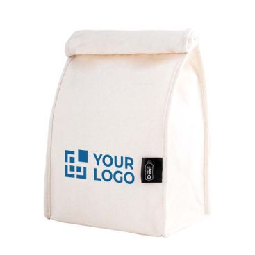 Bolsa portabocadillos con cierre de velcro publicitaria de color beige con logotipo de empresa