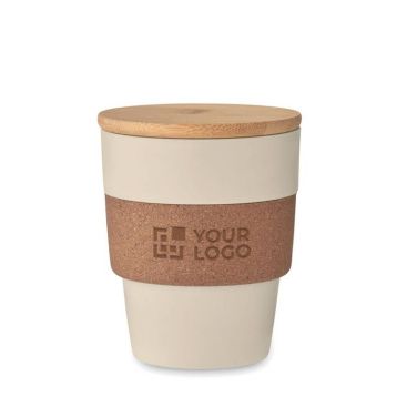 Vaso de plástico reciclado con cinta de corcho y tapa de bambú 300ml Vaso de plástico reciclado con cinta de corcho y tapa de bambú 300ml