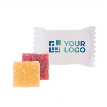 Gominolas cuadrada con sabor frutales fresa, melocotón, pera y frambuesa con azucar y envoltorio individual