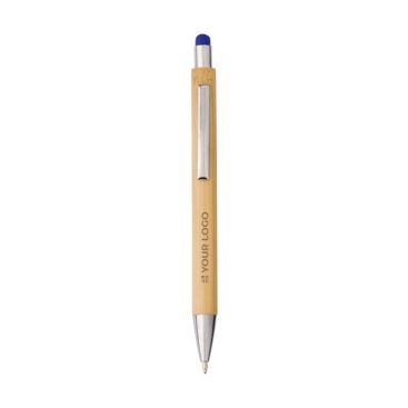 Bolígrafo de bambú y metal con puntero táctil de color tinta azul vista de impresión