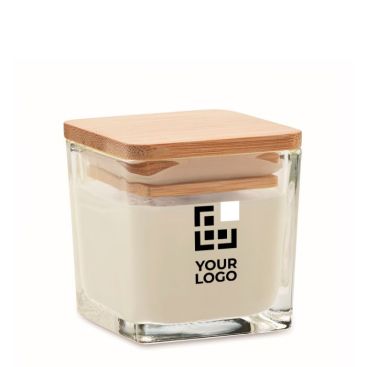 Vela en envase de cristal cuadradoo con tapa de bambú de distintos olores 50gr