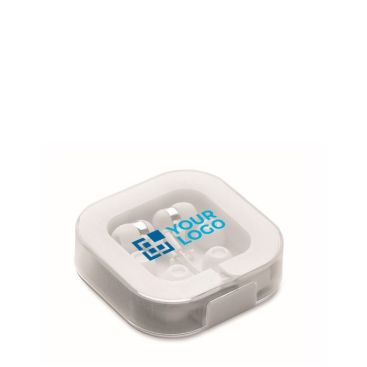 Auriculares con cable de color blanco con aislante de ruido en una caja con soporte para móvil