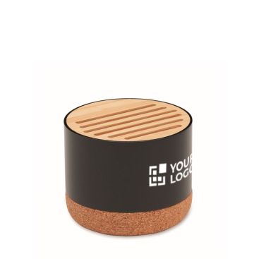 Altavoz circular inalámbrico con base de corcho y detalle en bambú