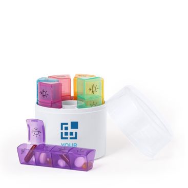 Pastillero cilíndrico de 7 compartimientos con 4 divisiones Pastillero cilíndrico de 7 compartimientos con 4 divisiones
