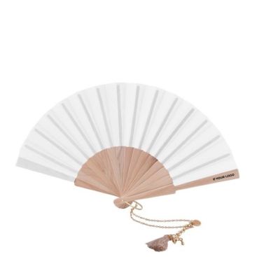Abanico de 23 cm con pulsera dorada y pompón decorativo con color blanco o negro