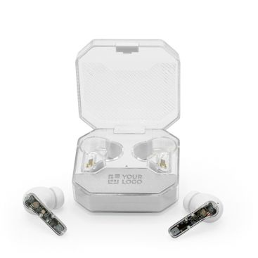 Auriculares transparentes con controladores de altavoz alargados en caja de carga cuadrada