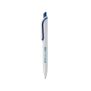 Bolígrafo de plástico blanco con pulsador en colores vivos hecho en EU color azul oscuro tercera vista
