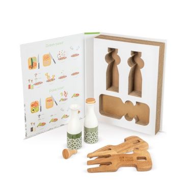 Set de aceite, vinagre y 2 utensilios dentro de caja en forma de libro