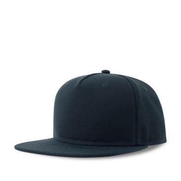 Gorra de poliéster reciclado con visera plana de 5 paneles 300 g/m2 color azul marino vista de impresión