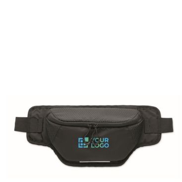 Riñonera de nylon resistente al agua con parte trasera ventilada color negro vista de impresión