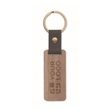 Llavero rectangular de madera con detalle de cuero sintético