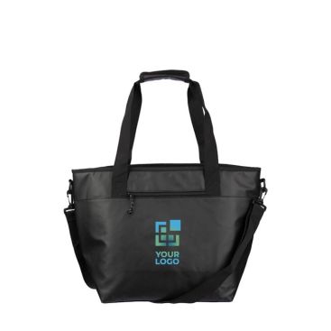 Bolsa térmica de poliéster con cierre de velcro y correa de hombro color negro vista de impresión