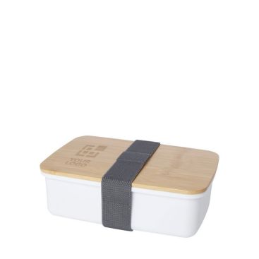 Fiambrera de plástico reciclado con tapa de bambú y banda elástica de color negro o blanco
