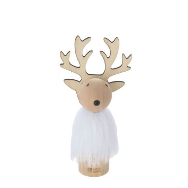 Adorno navideño de madera en forma de reno con pelaje blanco