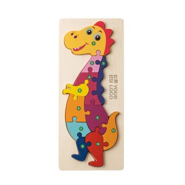 Rompecabezas con forma de dinosaurio hecho de madera de pino vista principal