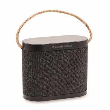 Altavoz negro inalámbrico con asa de transporte de yute 15W