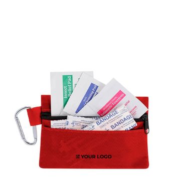 Kit de primeros auxilios en neceser con asa de transporte, mosquetón y 14 accesorios como regalo de empresa
