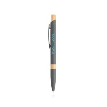 Bolígrafo de aluminio reciclado con detalles de bambú tinta azul vista de impresión
