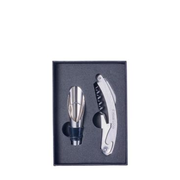 Set de vino en estuche cuadrado con accesorios de acero inoxidable