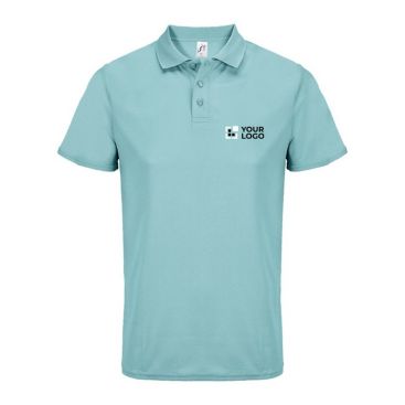 Polo deportivo de poliéster reciclado de manga corta y 3 botones color azul claro vista de impresión