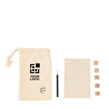 Juego de dados Yacht en madera de pino con bloc, bolígrafo y bolsa
