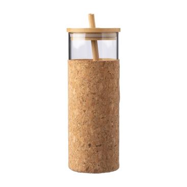 Vaso 450ml de vidrio con funda de corcho y tapa y pajita de bambú