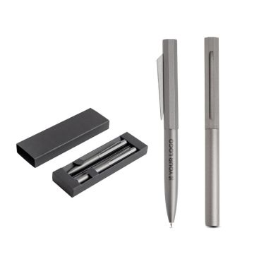 Set de bolígrafo y roller de aluminio con diseño hexagonal tinta negra