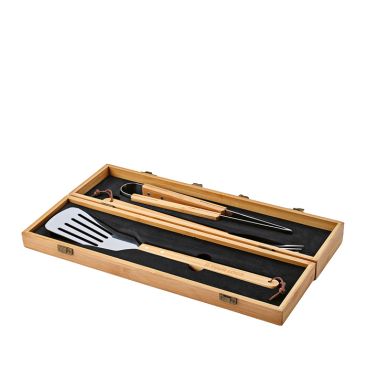 Set de barbacoa en caja de bambú con utensilios para parrilla