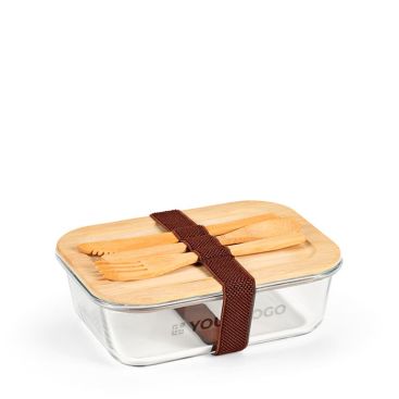Fiambrera de vidrio y bambú con cubiertos y banda elástica 800ml