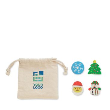 Set de 4 gomas para borrar estilo navideño con bolsa de algodón vista principal - Agotado
